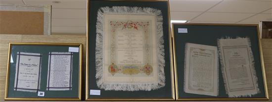 Three framed silk proclamation and theatre programmes